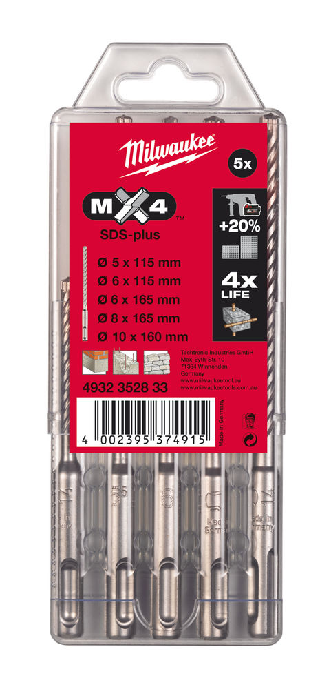 4932352833  Milwaukee Zestaw Wierte� SDS+ 5szt  MX4 4-ostrzowe