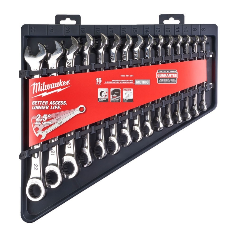4932464994 Milwaukee Zestaw Kluczy P�asko-Oczkowych z Grzechotk� 15szt MAX Bite 8-22mm 