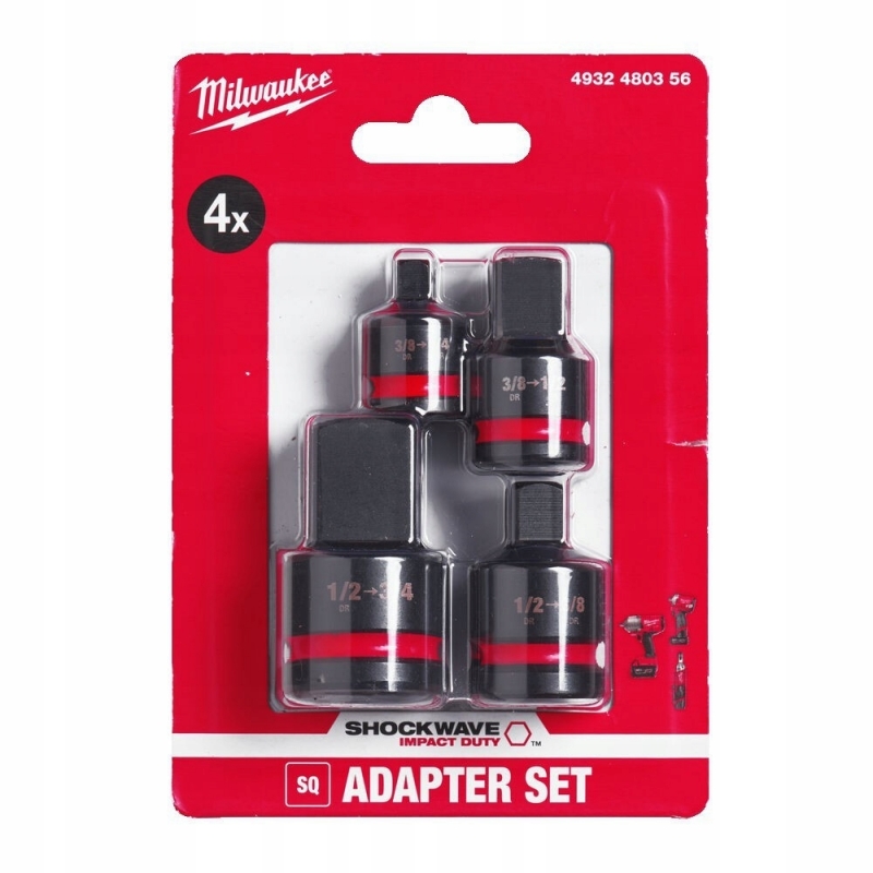 4932480356 Zestaw 4 adapter�w redukcji udarowych MILWAUKEE  z 3/8'' na 1/4'', 3/8'' na 1/2'', 1/2'' na 3/8'' oraz 1/2'' na 3/4